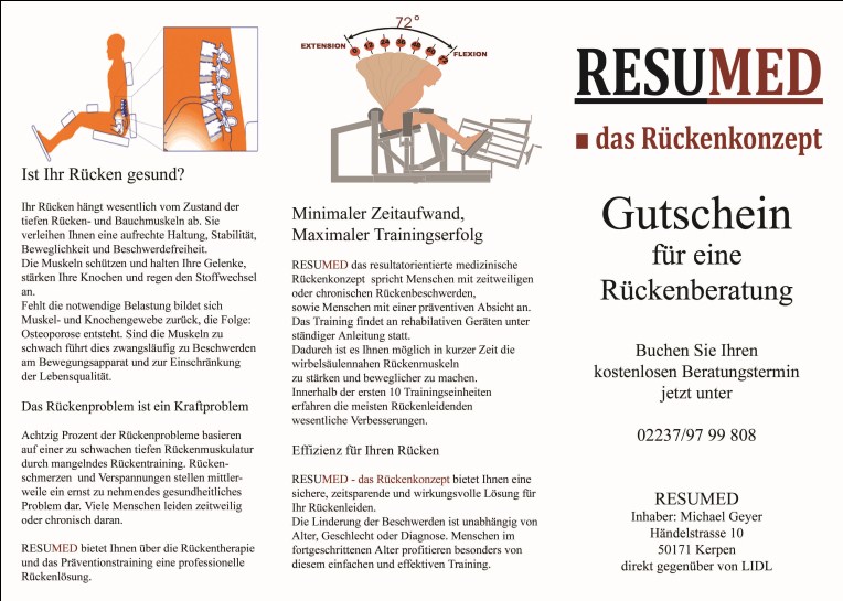Rückenberatung aktuell in Kerpen/Frechen/Erftstadt/Bergheim/Resumed